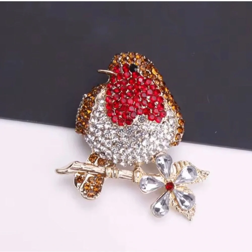 Crystal Robin Brooch Pin. Red, Gold and Silver